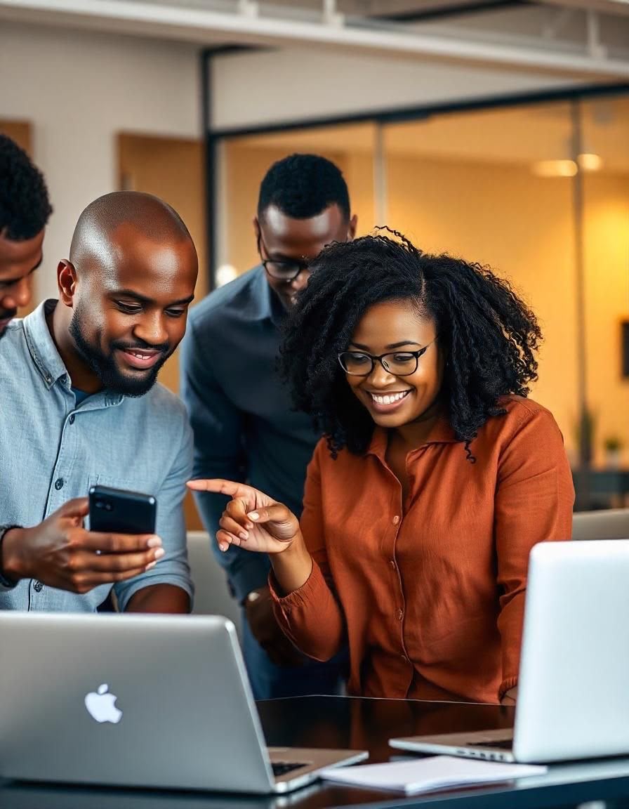 A team gathered around a phone and laptop